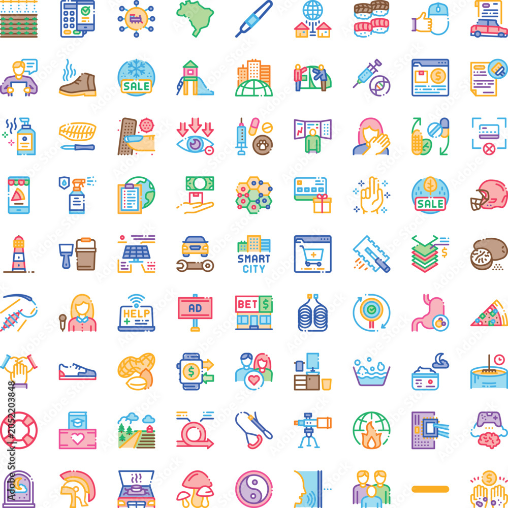 Fototapeta premium Large set of diverse pictograms covering business, technology, finance, lifestyle, medicine, food, smart city, and web elements, offering a comprehensive graphical resource