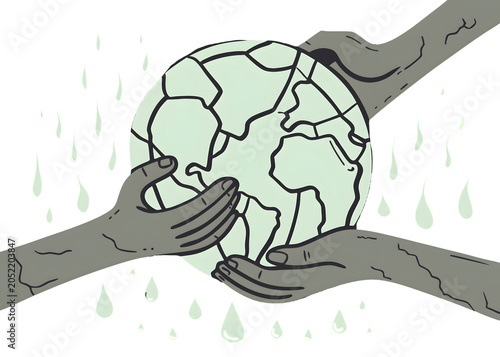 Multiple hands holding a cracked planet with rain drops during a global crisis concept Isolated on transparent background