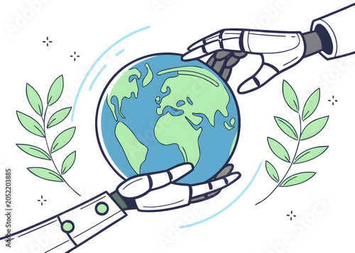 Robotic hands cradle planet Earth with leafy branches symbolizing new growth isolated on transparent background
