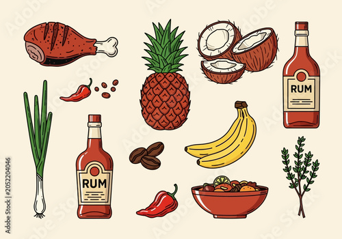 Fotografía Caribbean Food and Drink Illustration Set: Jerk Chicken, Rum, Pineapple, and Tro