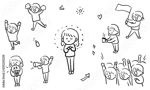 自分の推し活をする女性の手描きイラストセット