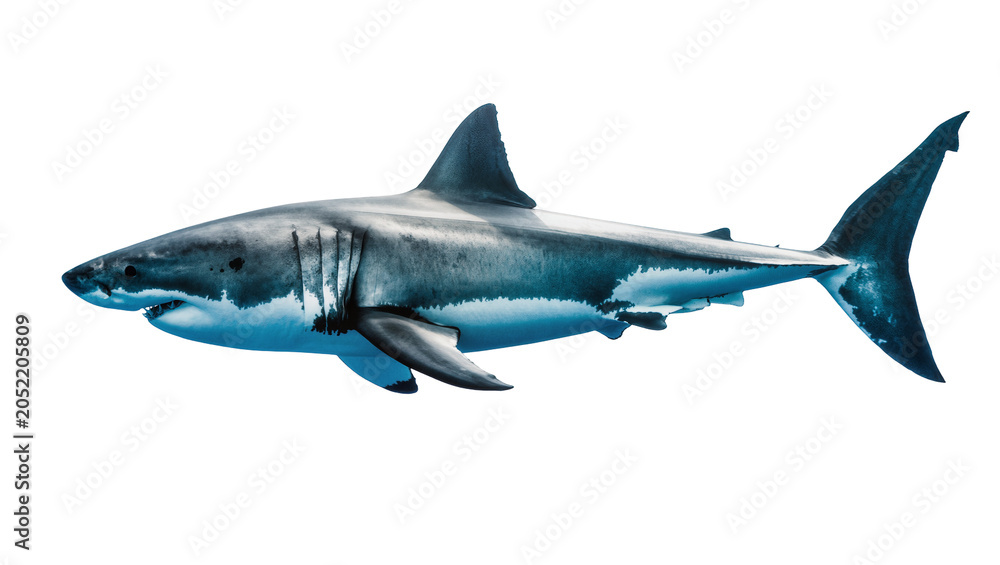 Fototapeta premium Great White Shark swimming in blue ocean water