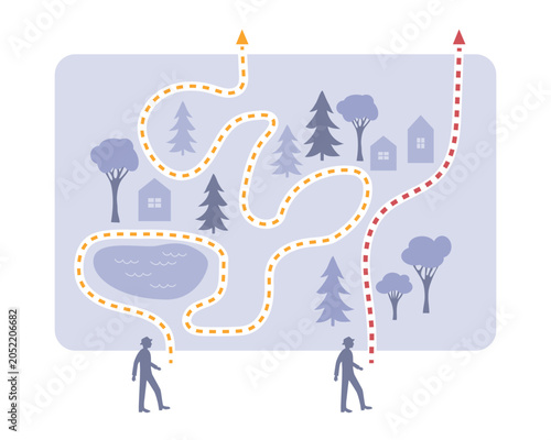 Different paths to the same goal – efficient and complex route comparison concept illustration.