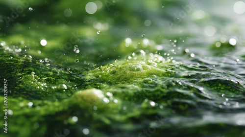 Green algae bubbling on water surface with droplets closeup