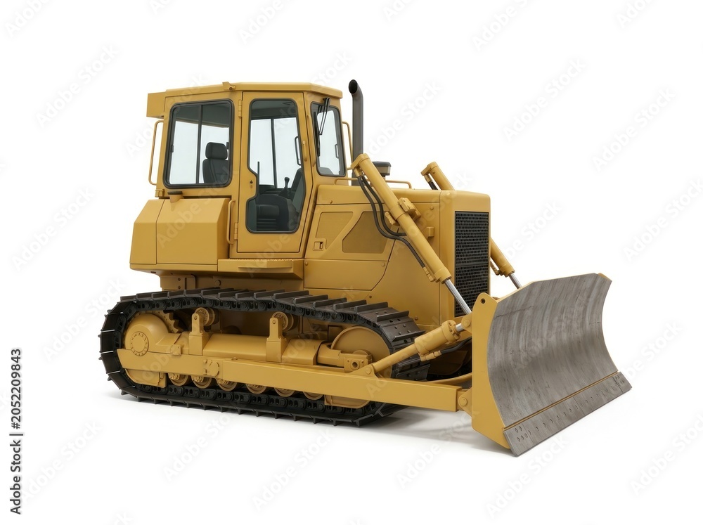 Obraz premium A yellow bulldozer with a large blade is parked on a flat surface.