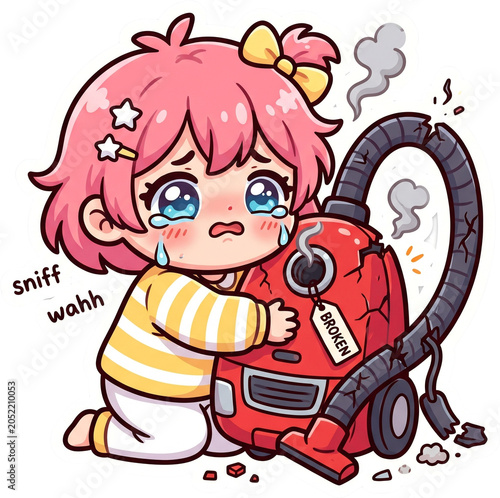 Crying chibi character hugging a broken malfunctioning vacuum cleaner item