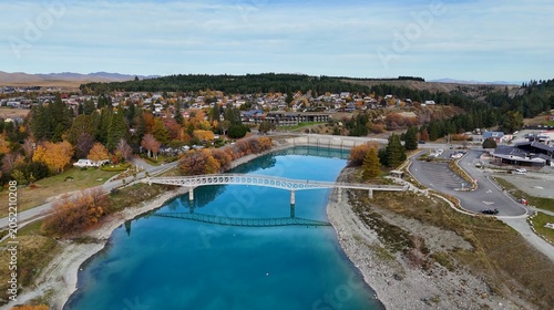 Konstfotografi Aerial View of Lake Tekapo Footbridge and Town During Autumn Season