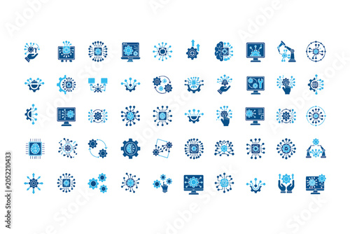 Artificial Intelligence and Machine Learning Technology Icon Set – Blue AI, Robotics, Neural Network and Chip Symbols for UI, Apps and Web Design