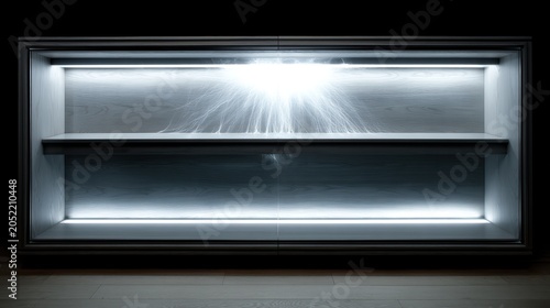A white shelf with a light beam coming out of it.