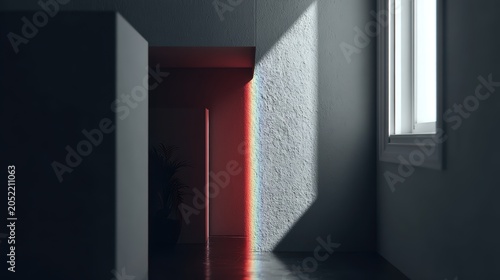 A room with a window and a plant.