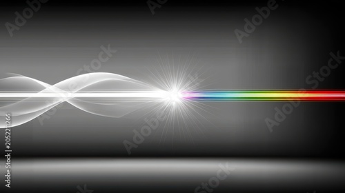 A vibrant rainbow-colored light beam radiates from the center of the image.