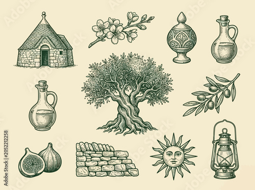 Foto Vintage Mediterranean Puglia Culture Illustration Set with Trullo, Olive Tree, O