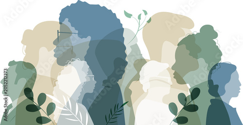 Silhouettes of different people with floral elements.
