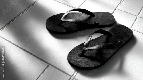 Black flip flops on a white tiled floor.