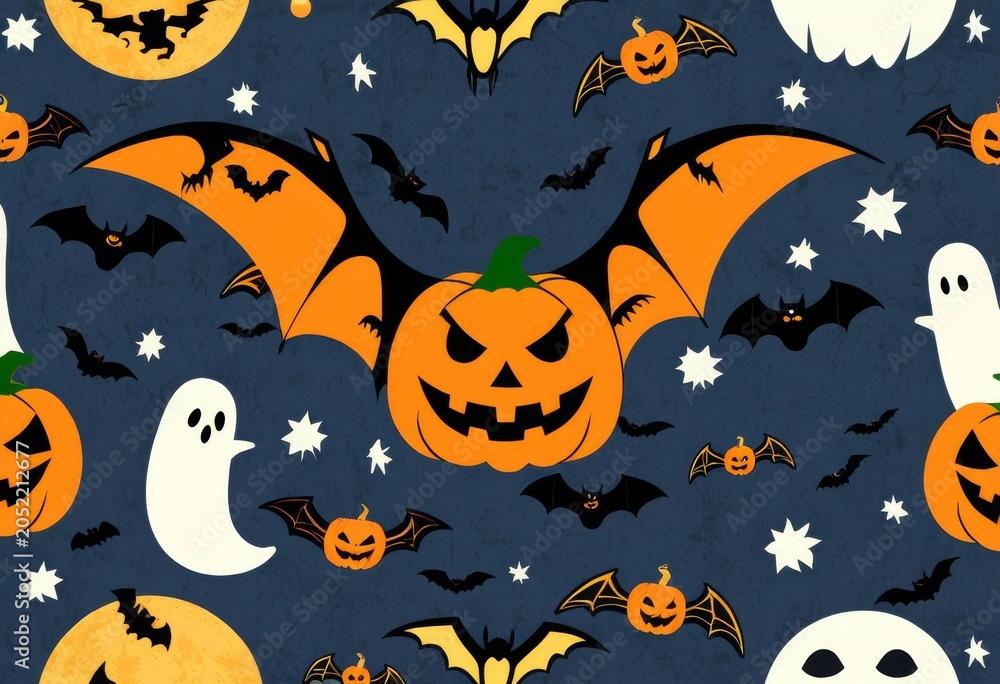 Fototapeta premium Spooky and Cute Halloween Wallpaper Graphic with Bats and Spider Webs