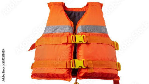 Cuadro en lienzo Orange life vest with yellow buckles and reflective stripes