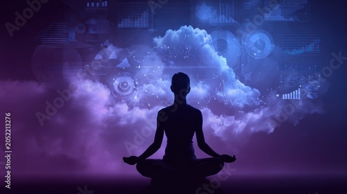 Silhouette of person meditating, data clouds