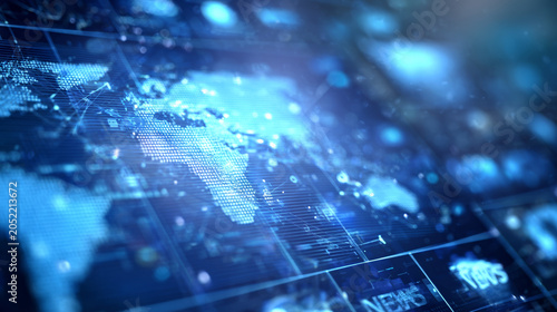Digital world map displaying data visualization on blue interface