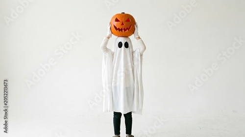 Celebrate halloween with a spooky ghost holding a jack o' lantern