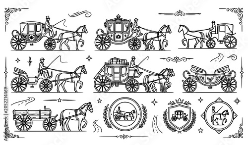 Fotografia Vintage horse drawn carriages and cabs line drawings