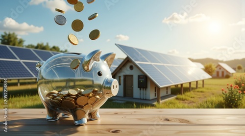 Transparent piggy bank with coins and solar panels