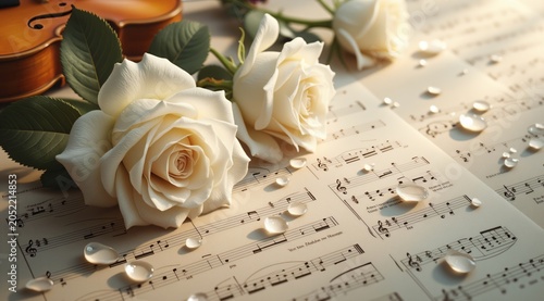 Romantic musical background with white roses border