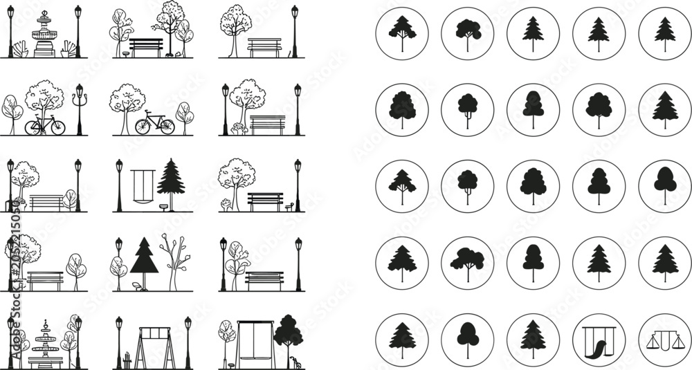 Obraz premium Public City Park and Architecture Icon Set with Line Art Benches, Fountains, Lampposts, and Circular Tree Symbols for Map Layouts and Urban Designs