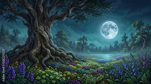 Fantasy forest garden featuring blossoms mushrooms and misty atmosphere.
