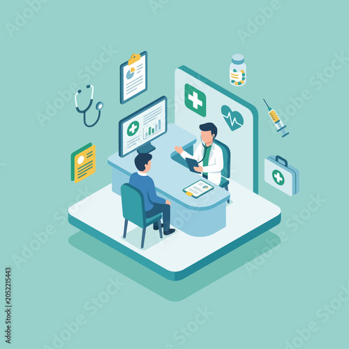 Bilde på lerret Isometric illustration of a doctor consulting a patient
