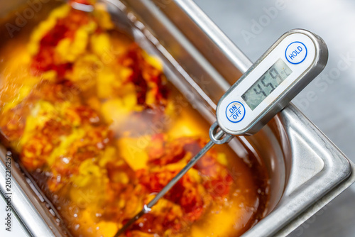 Mesure de la température d’un plat à l’aide d’une sonde thermique.