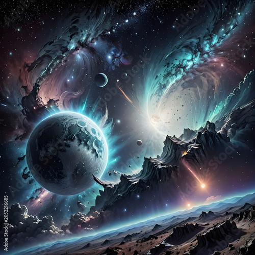 Beautiful cosmic landscape with glowing planets, stars, and vibrant colorful nebulas