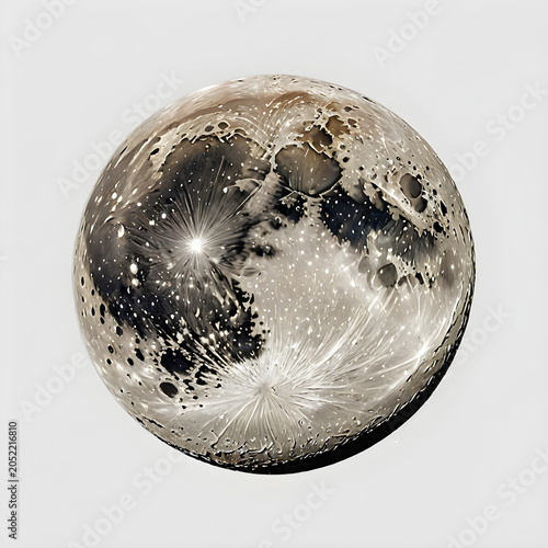 Detailed black and white close up of a full moon showing craters