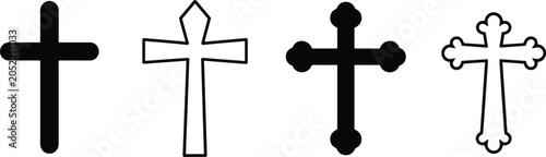 Photos Christian crucifix line icons, religious catholic church cross shapes, holy spir