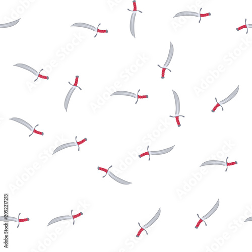Schilderij op canvas pattern pointing curved metal blade with red hilt and grey pommel on white backg