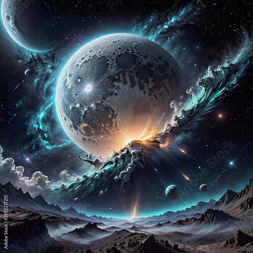 Surreal space landscape with a large planet, glowing stars, and deep space nebulas