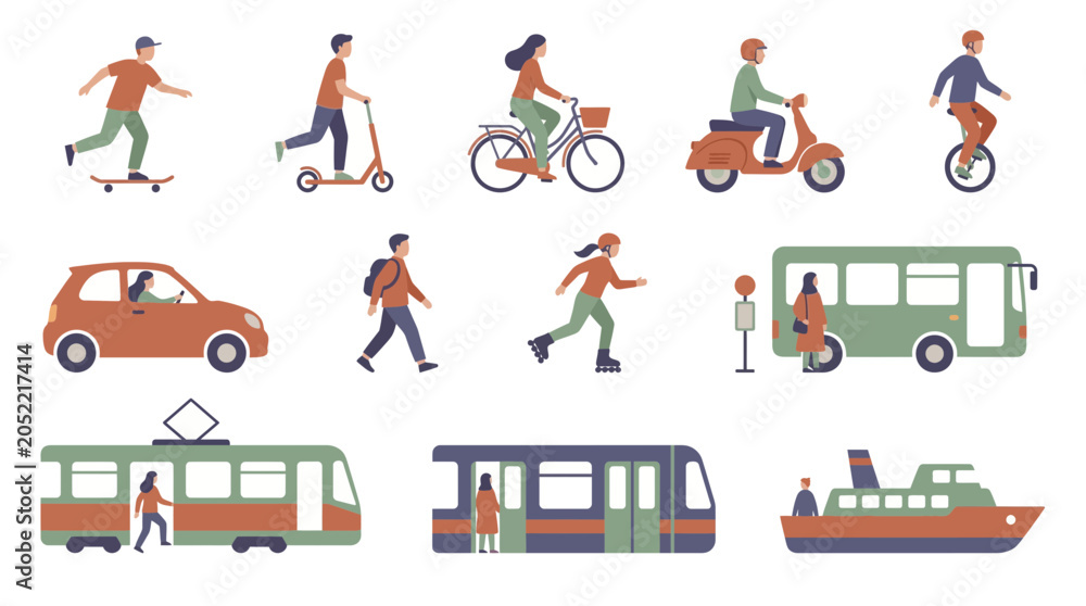 Fototapeta premium Set of flat people illustrations using urban transport modes like bike, scooter, bus and train, representing eco-friendly city commuting and sustainable public transit navigation