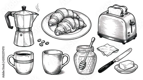 Photos Vintage hand drawn breakfast set, engraved style morning food and drink icons, m