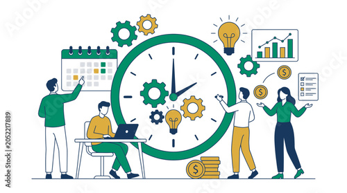 Team of business people managing tasks and schedules around a large clock with gears, calendar and financial icons, illustrating project management, representing corporate productivity