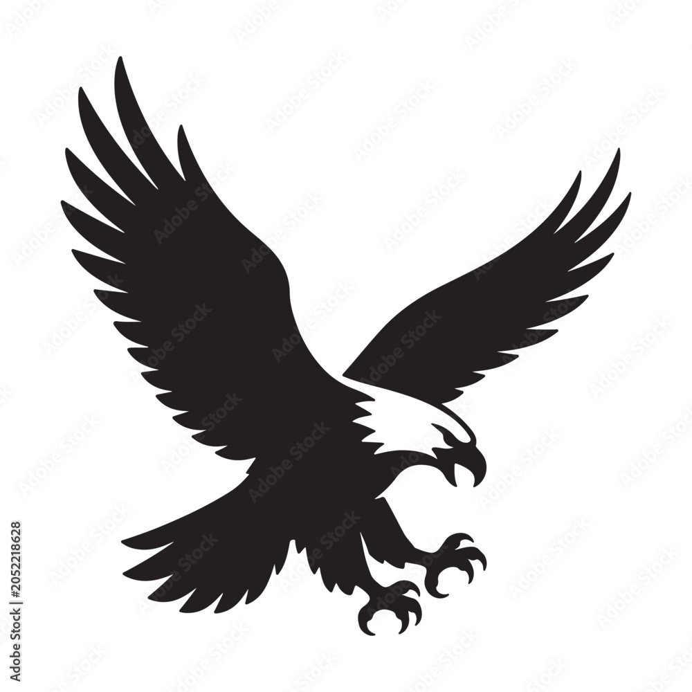Fototapeta premium Eagle landing silhouette with wide wingspan and sharp claws for outdoor adventure branding or heraldic logo design art.