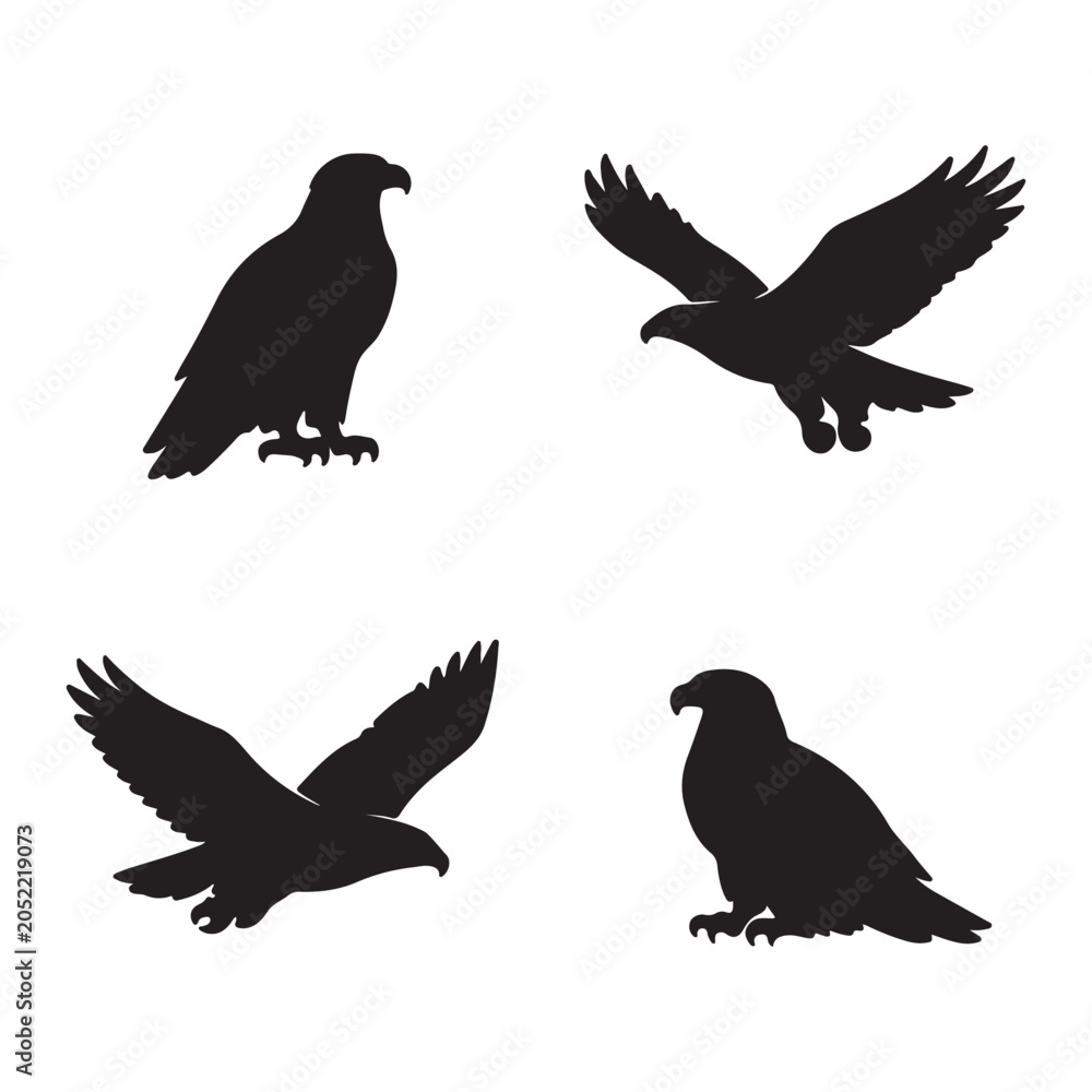 Fototapeta premium Collection of four black eagle silhouettes showing different poses like standing and flying for wildlife logo concepts.