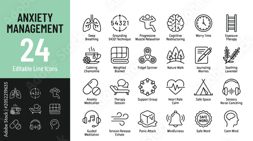 Bild auf Leinwand Anxiety management and mental health line icon set