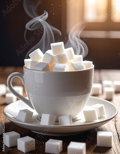 Steaming cup of sugar cubes on saucer.