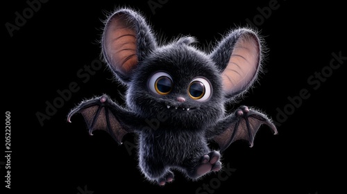 Adorable cartoon bat character with large expressive eyes and fluffy fur isolated on black background. Fantasy animal illustration featuring a cute flying bat with wings. Perfect for Halloween theme