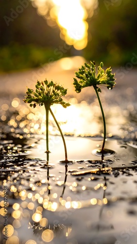 Two small green plants in water.