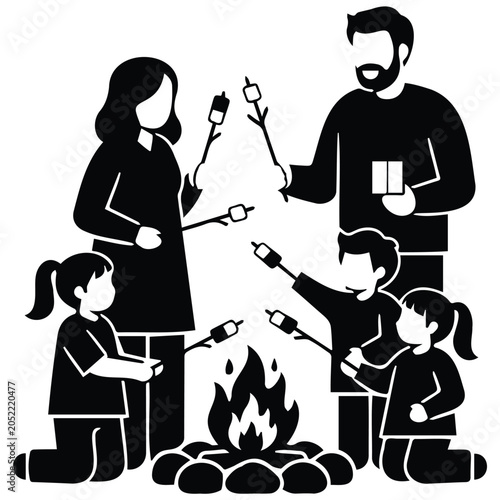 Family camping vector silhouette illustration, parents and kids roasting marshmallows campfire.