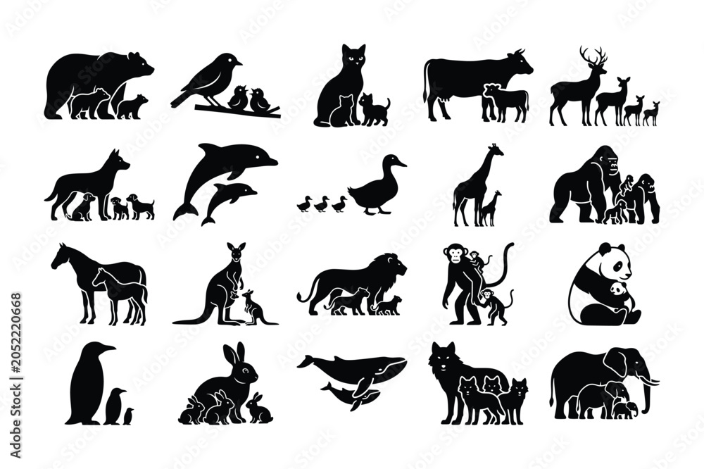 Fototapeta premium Animal Family Silhouette Vector Icon Collection for Wildlife Themes