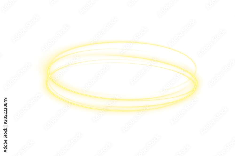 Naklejka premium Golden circle light PNG image. Luminous fire trail on transparent background. Light round line with advantage effect and glowing particles for modern creative advertising.
