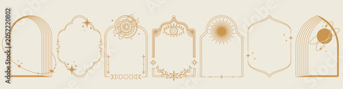 Foto Celestial boho frames with moon phases, butterfly and mystical arch design, abstract vector set isolated on black background