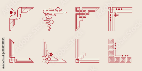 Fotografía Traditional Chinese frame corners, japanese vintage border elements with decorative clouds, bird pattern, vector set isolated on background