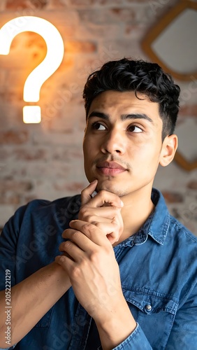 Young man thinking with question mark.